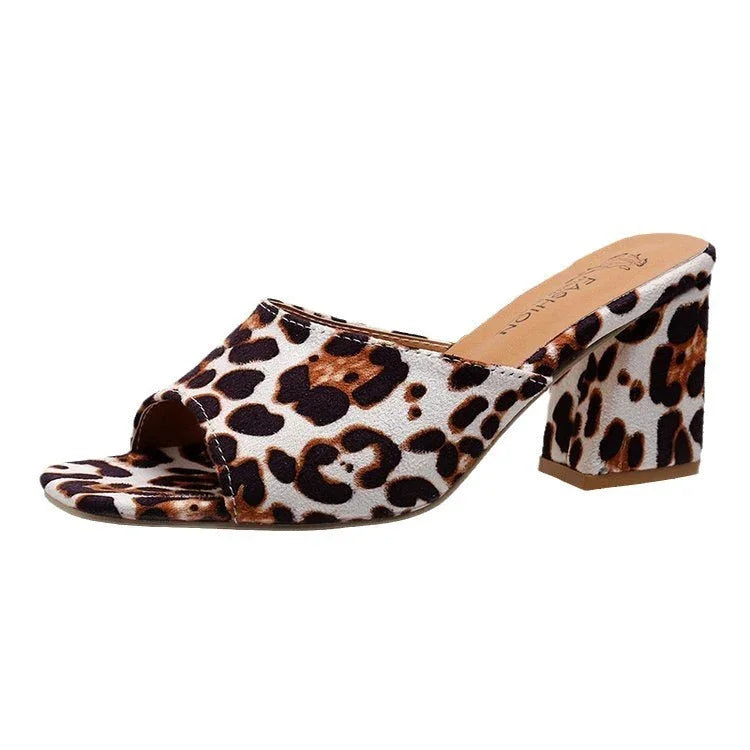 Leopard Square Toe Sandals Summer High-heeled Slippers Chunky Heel Shoes For Women - VAleG