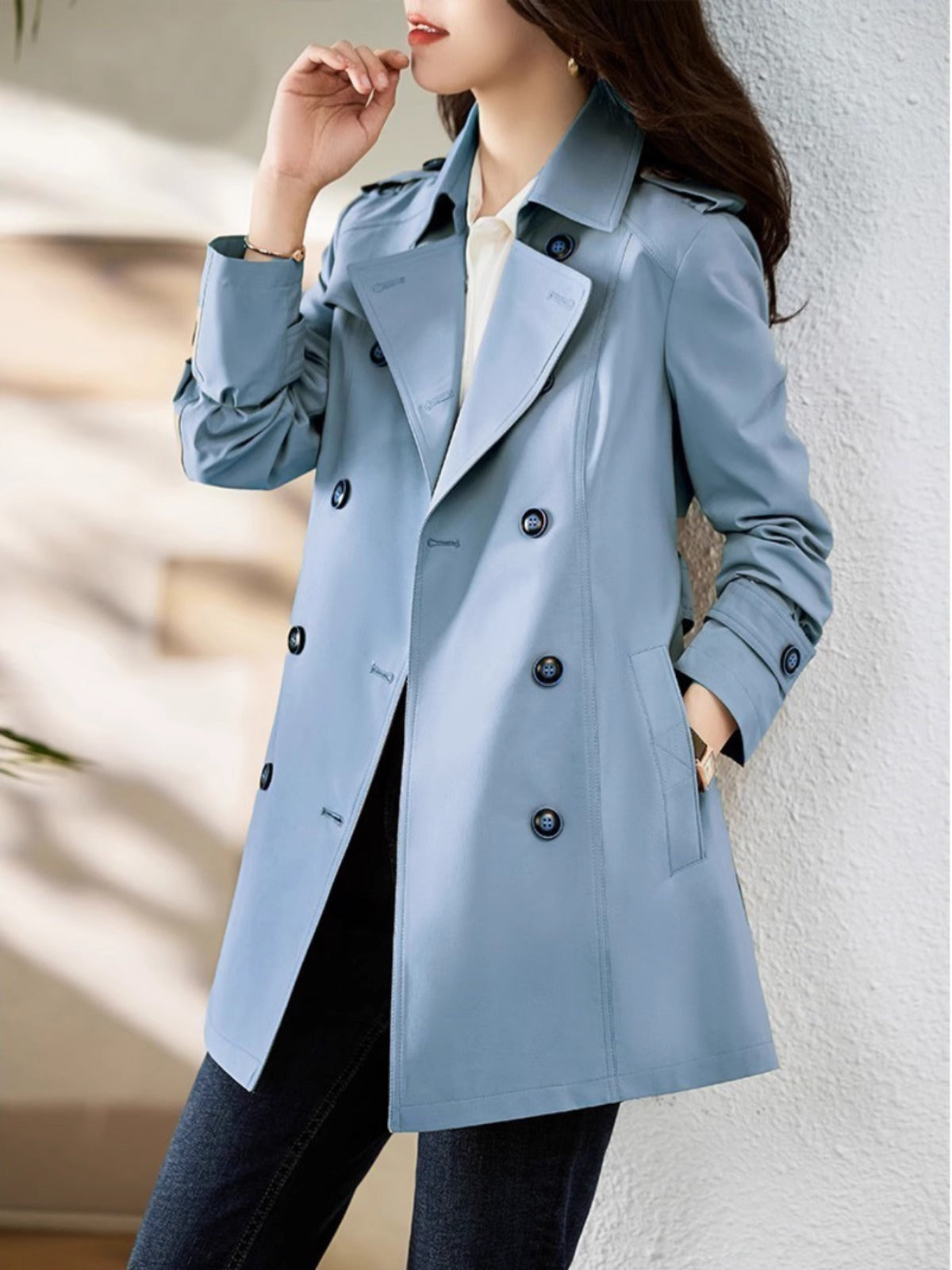 Women's Mid-length Trench Coat Double Breasted Fitted Waist Overcoat - VAleG