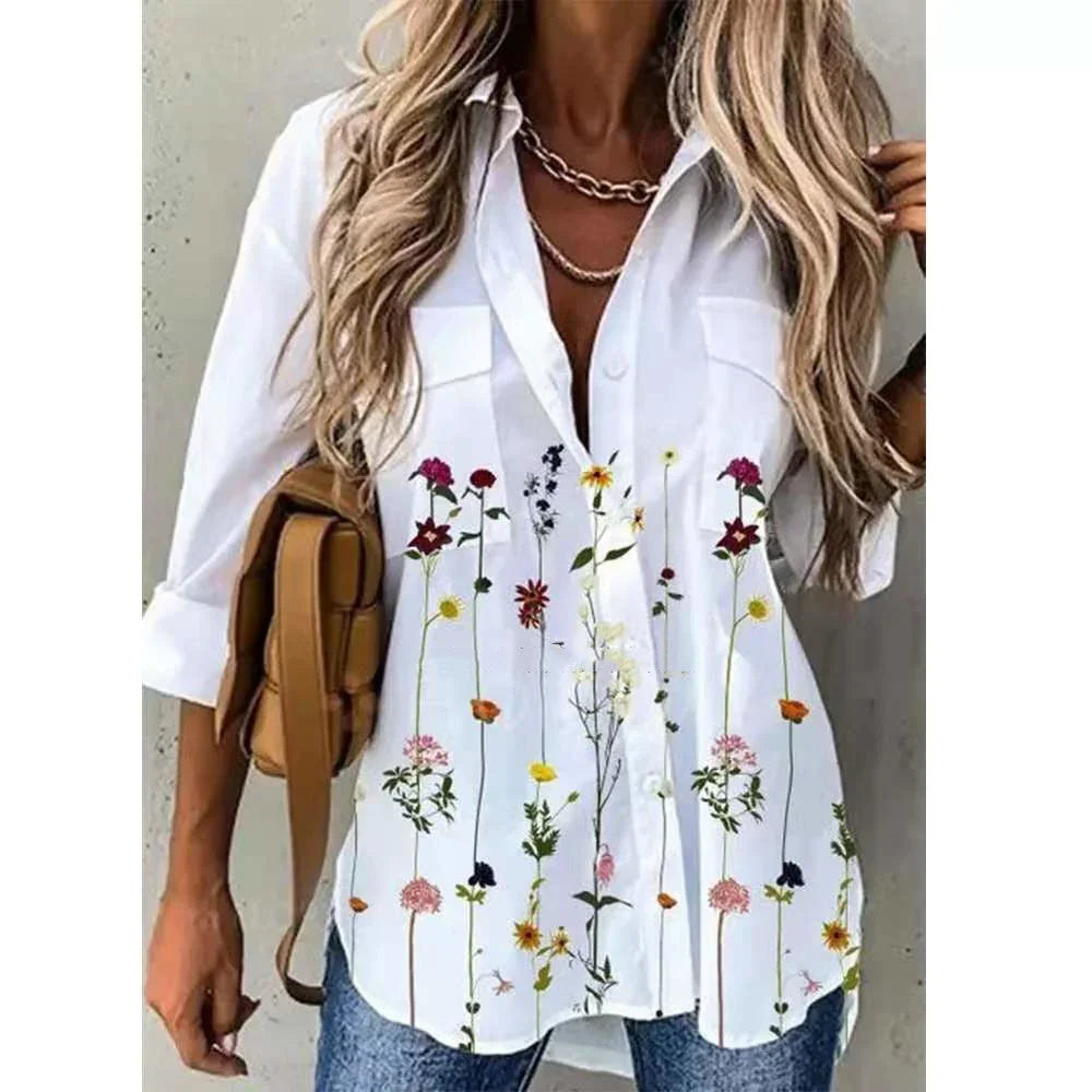 Women's Loose Flower Print Long-sleeved Shirt - VAleG