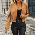 Women's Fashionable Suit Collar Long Sleeved Western Style Short Tassel Jacket - VAleG