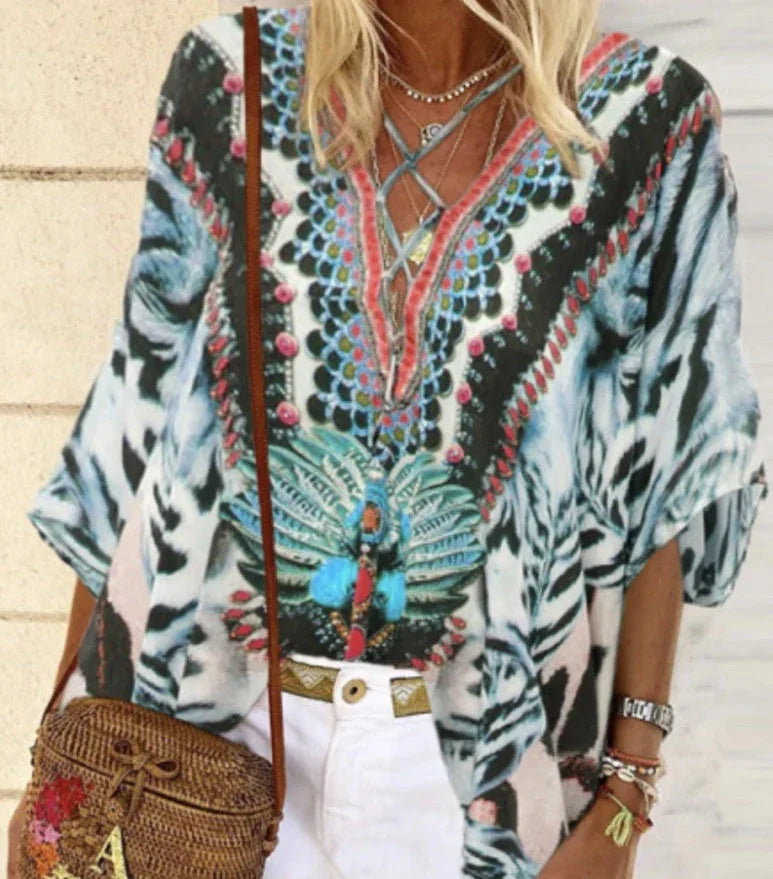 V-neck print comfortable top - VAleG