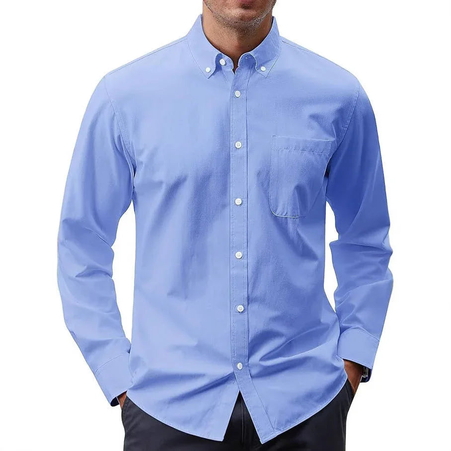 Solid Color Oxford Long Sleeve Button Shirt - VAleG