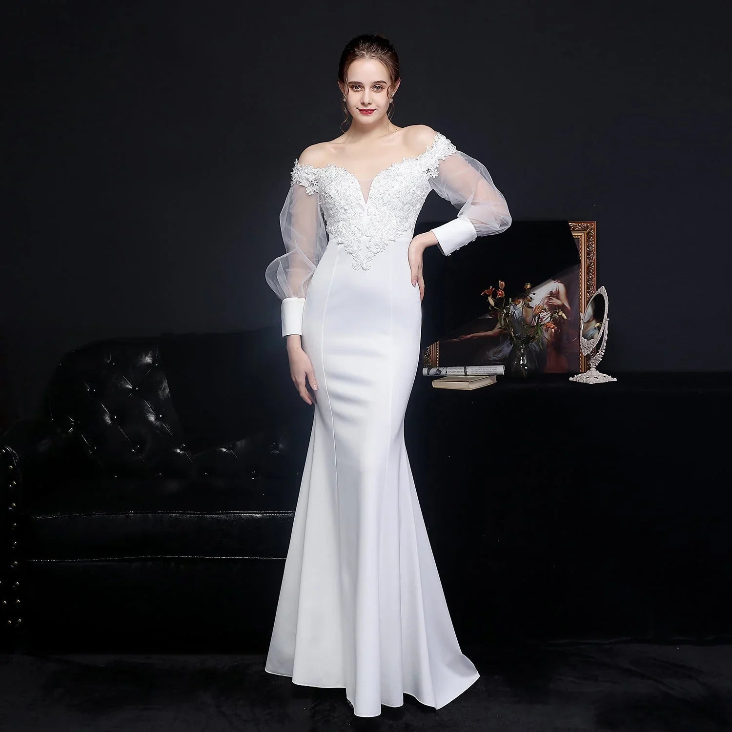 Full Craft Lace Hot Long-sleeved Evening Dress Tail Skirt - VAleG