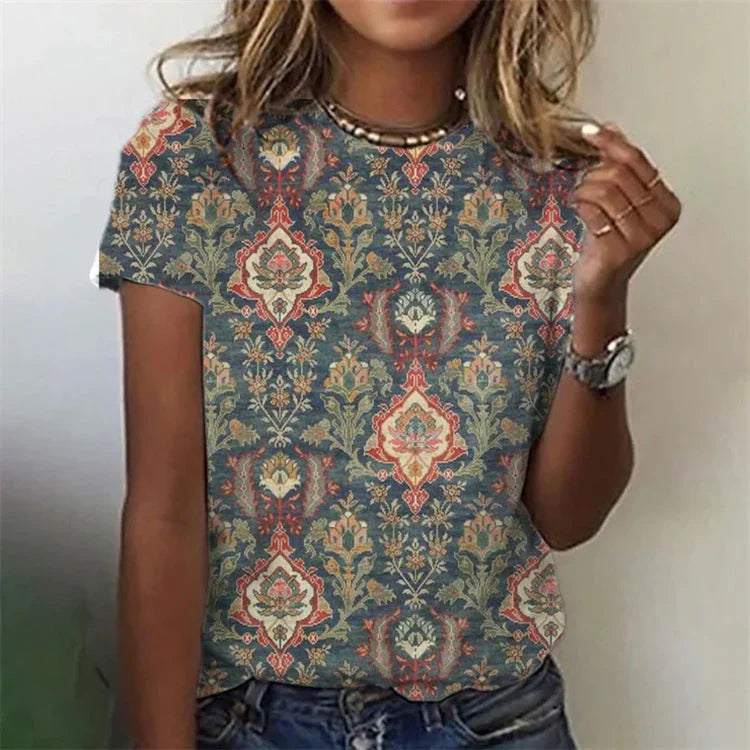 Round Neck Digital Print Short Sleeve Loose Women's T-Shirt - VAleG