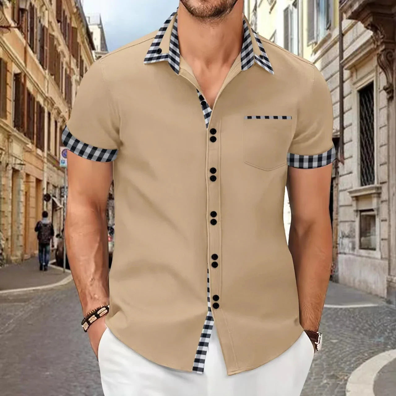 Men's Shirt Casual Pocket Stitching Contrast Color Top - VAleG