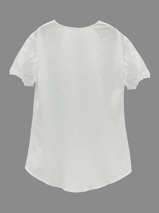 Contrast Lace Tucked Blouse, Casual V Neck Short Sleeve Blouse - VAleG