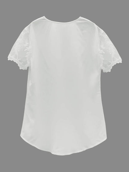 Contrast Lace Tucked Blouse, Casual V Neck Short Sleeve Blouse VAleG