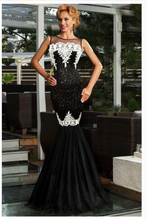 Europe and America long skirt sexy sleeveless sequin mesh stitching banquet evening dress dew backpack hip fishtail mopping dress - VAleG