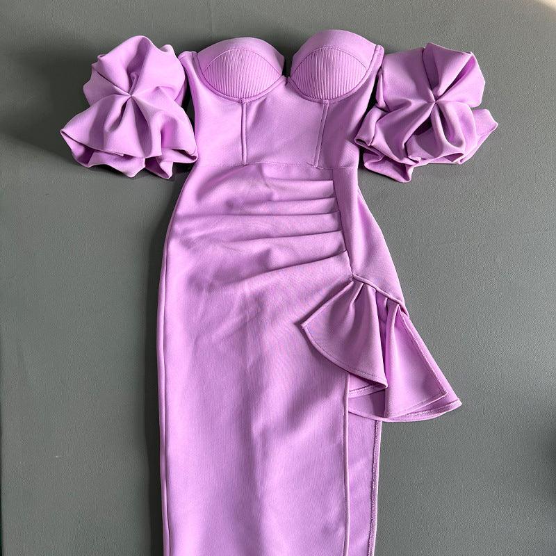 Women's Solid Color Lantern Sleeve Bandage Dress - VAleG