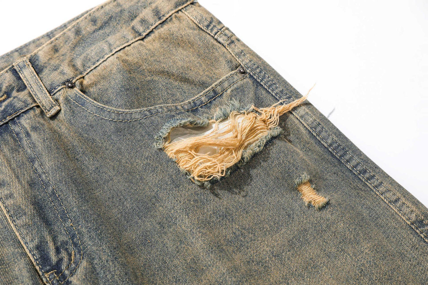 Retro Washed Ripped Jeans Loose Straight Casual Trousers - VAleG