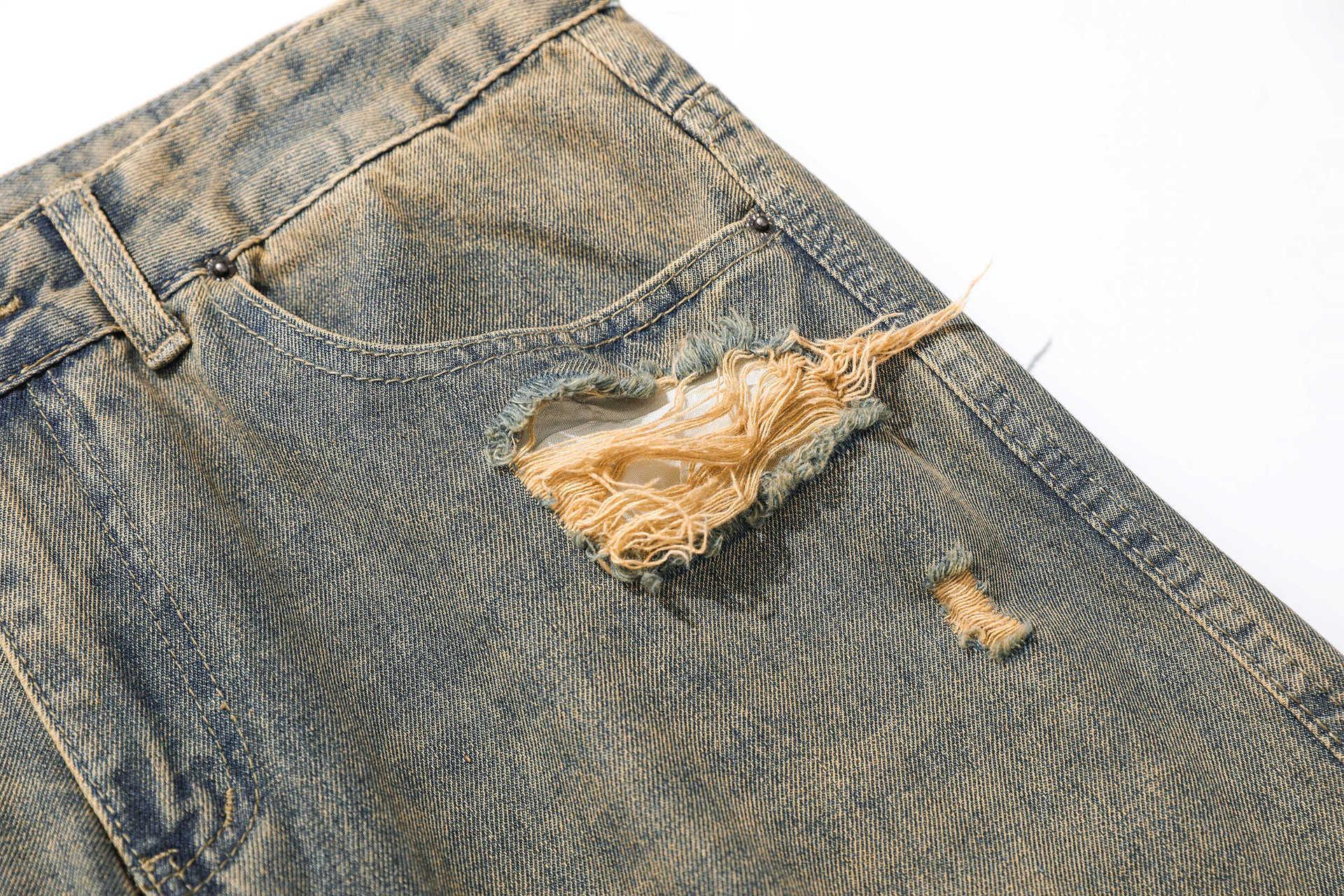 Retro Washed Ripped Jeans Loose Straight Casual Trousers - VAleG