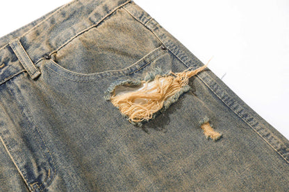 Retro Washed Ripped Jeans Loose Straight Casual Trousers - VAleG