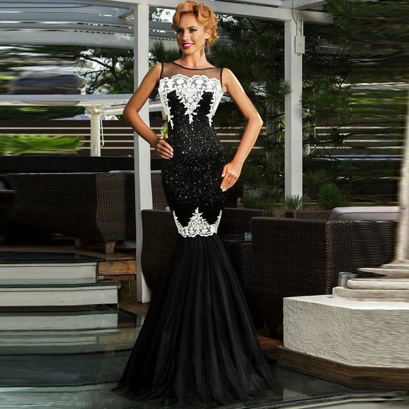 Europe and America long skirt sexy sleeveless sequin mesh stitching banquet evening dress dew backpack hip fishtail mopping dress - VAleG