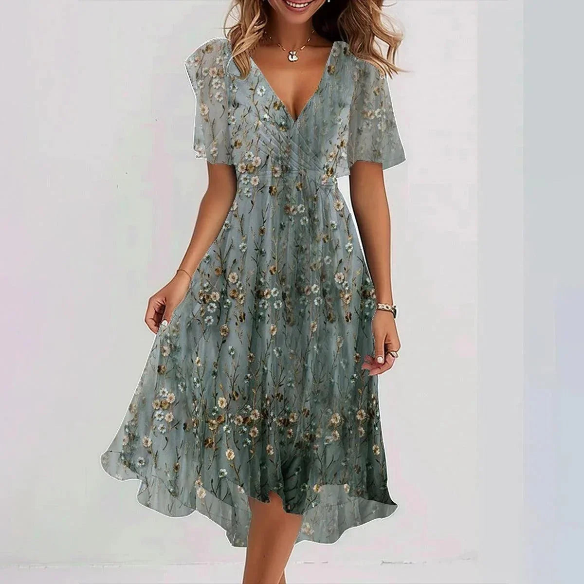 Chiffon Printed Short Sleeve Dress Summer Elegant V-neck Dresses Womens Clothing - VAleG