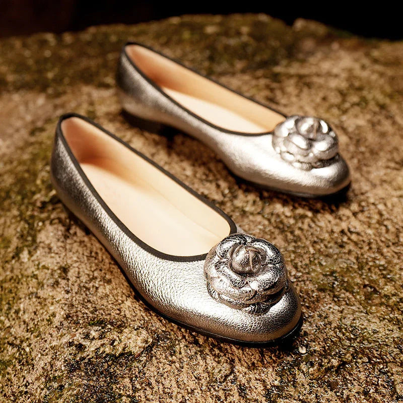Flat Bottom Round Head Genuine Leather Pumps Female Comfortable Low Heel - VAleG