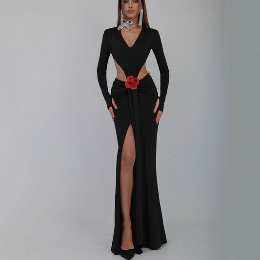 Sexy V-neck Backless Long Sleeves Skirt Waist Decorative Flower Split Fishtail Gown Dress Long - VAleG