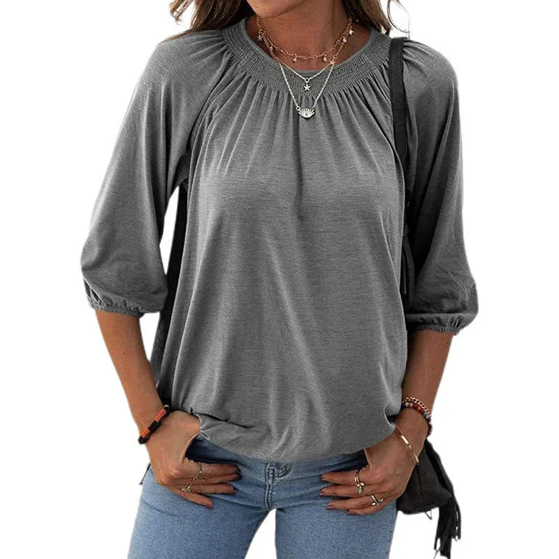 Women's Autumn Hot Selling Temperament Pullover Round Neck Loose Three-quarter-length-sleeved T-shirt - VAleG