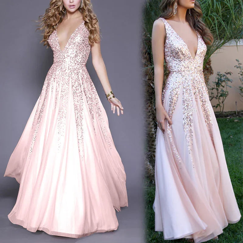 V-neck sequined sleeveless evening dress - VAleG