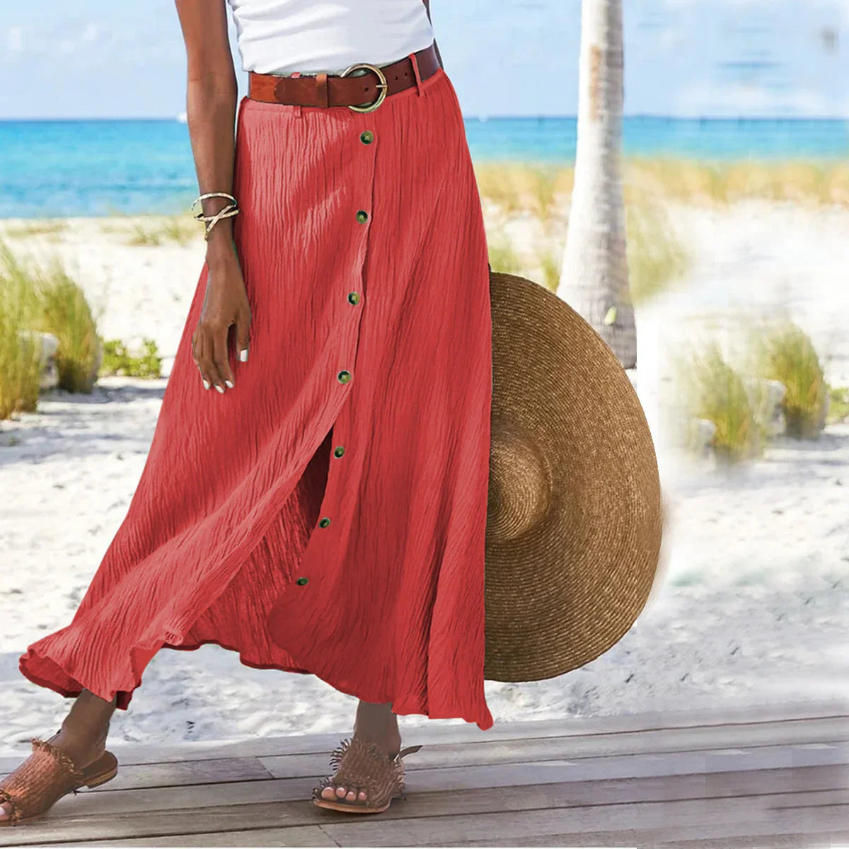 Women's Fashion Cotton Linen A-Line Hip Mid Waist Long Skirt - VAleG