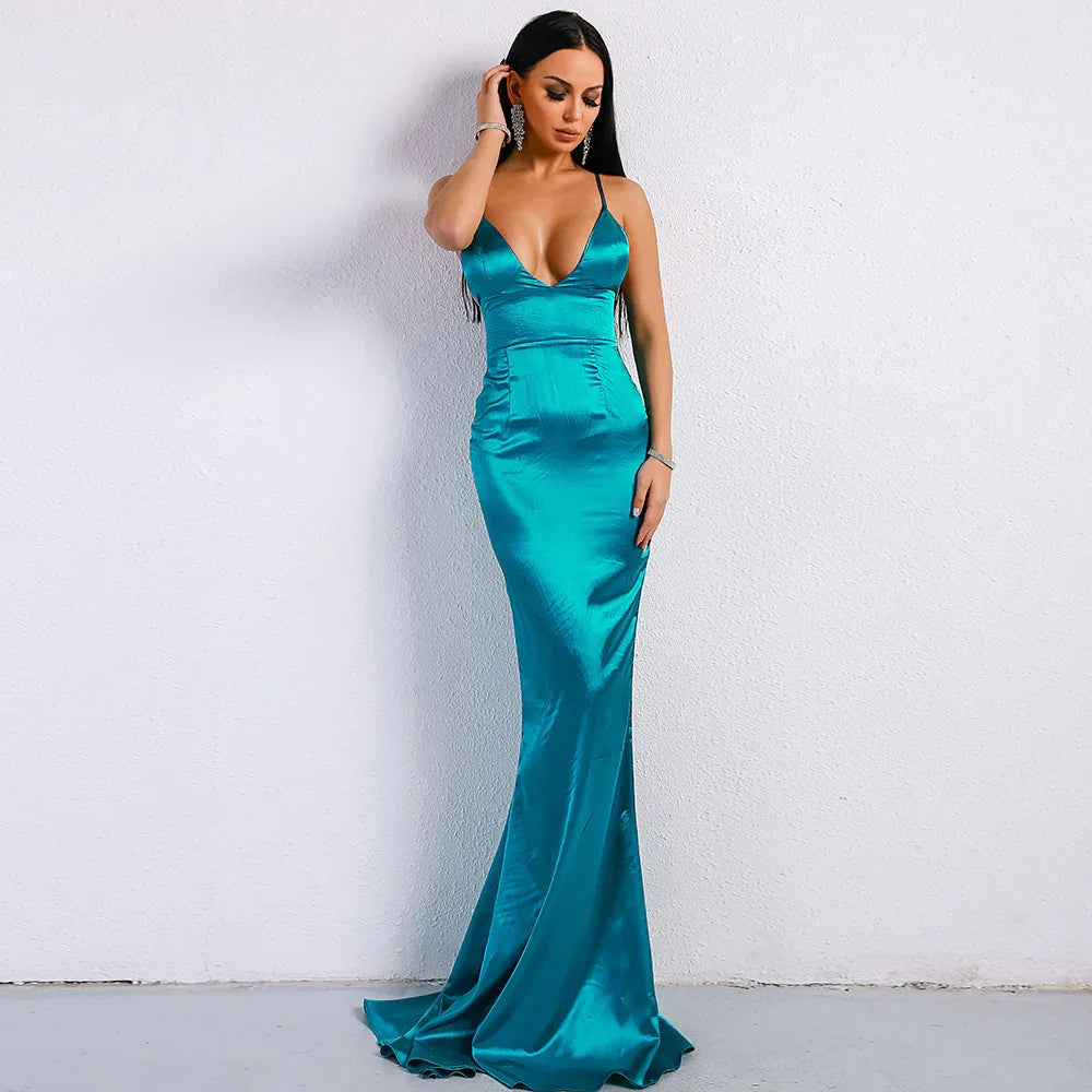 V-neck solid color sling backless ladies evening dress - VAleG