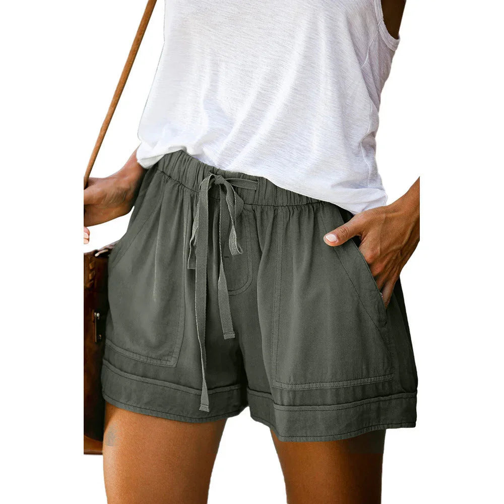 Wide leg loose high waist elastic lace-up shorts - VAleG