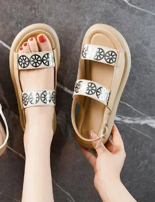 Women's Leather Velcro Flat Sandals - VAleG