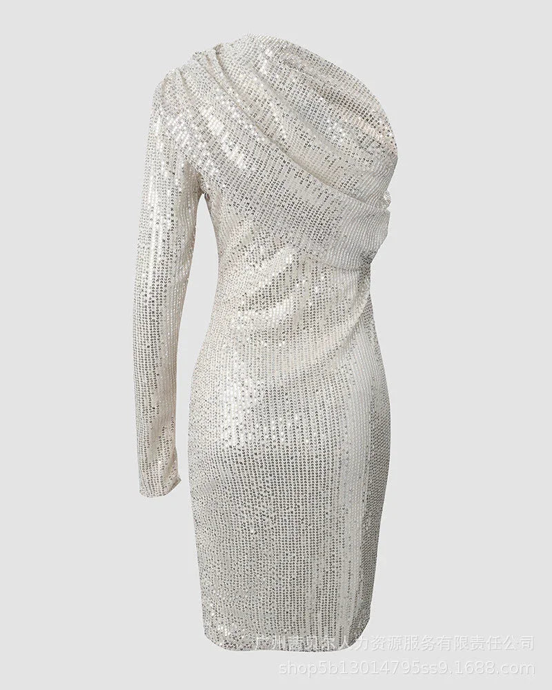 Silver One Shoulder Sequin Formal Dress - VAleG