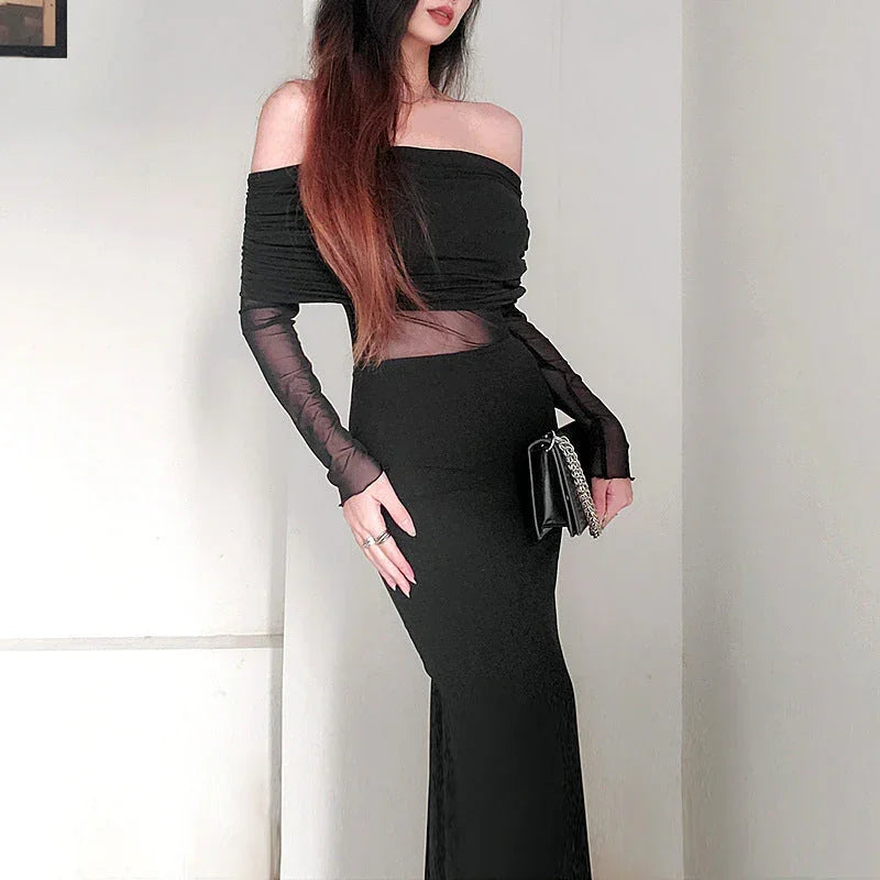 Women's Winter Sexy Off-the-shoulder Pleated Long Sleeve Polyester Dress - VAleG