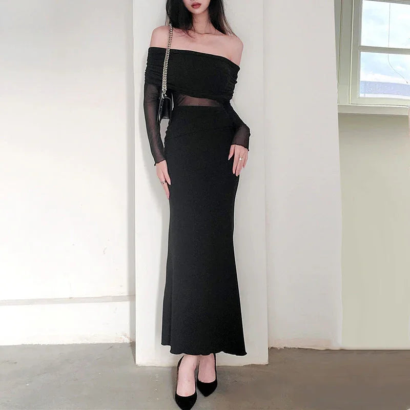 Women's Winter Sexy Off-the-shoulder Pleated Long Sleeve Polyester Dress - VAleG