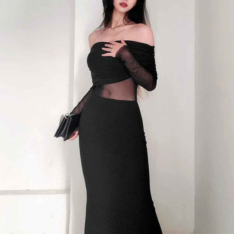 Women's Winter Sexy Off-the-shoulder Pleated Long Sleeve Polyester Dress - VAleG