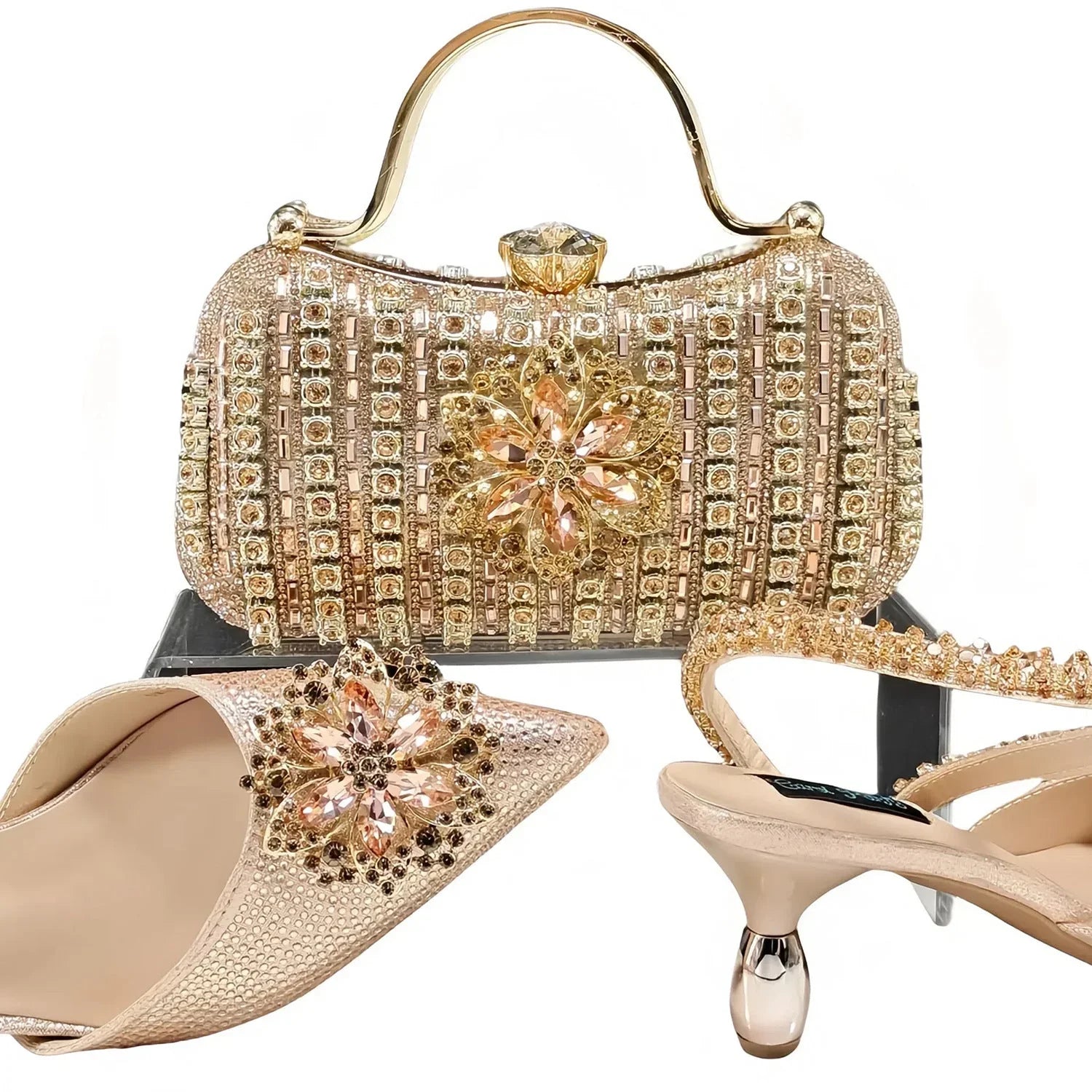 Sexy Women's Shoes And Bags Suit Drill Buckle Flower Decorative Ankle Drill Chain With Hard Clutch - VAleG