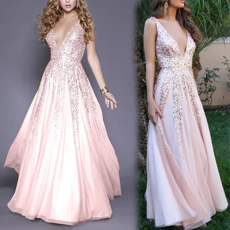 V-neck sequined sleeveless evening dress - VAleG