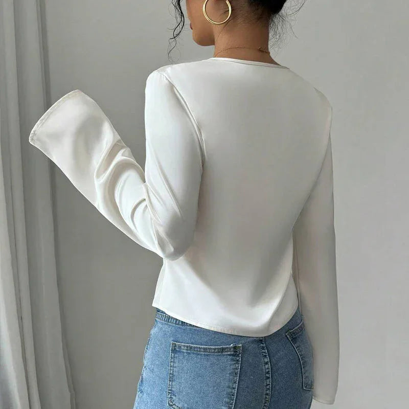 Women's Elegant Solid Color V-neck Ruffled Front Flared Sleeve Shirt - VAleG