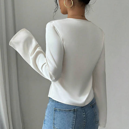 Women's Elegant Solid Color V-neck Ruffled Front Flared Sleeve Shirt - VAleG