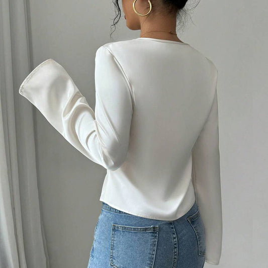 Women's Elegant Solid Color V-neck Ruffled Front Flared Sleeve Shirt - VAleG