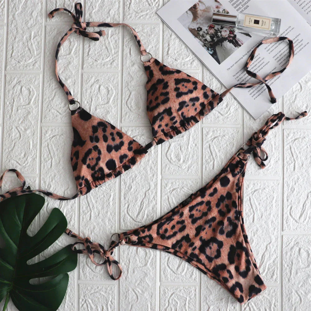 Swimsuit Leopard Print Split Metal Ring Sexy Swimsuit - VAleG