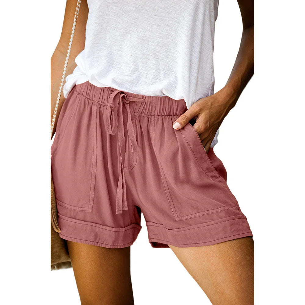 Wide leg loose high waist elastic lace-up shorts - VAleG