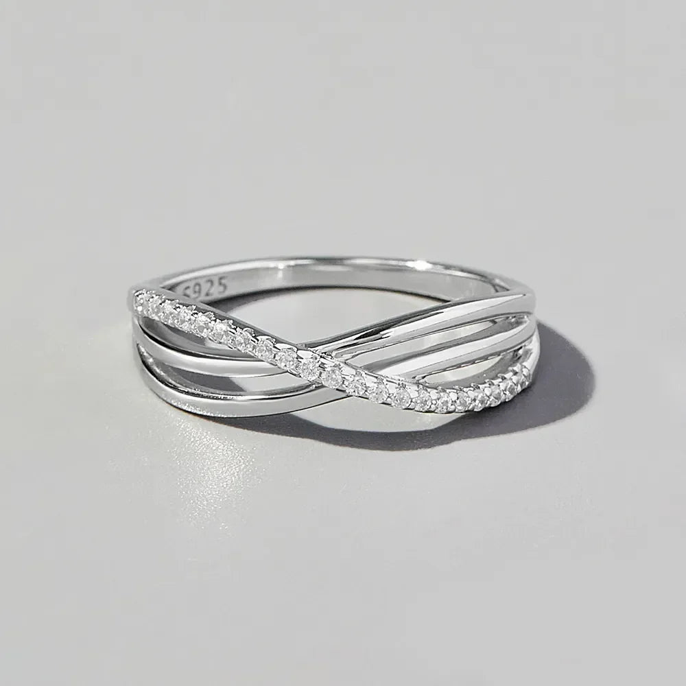 Crisscross Inlaid Zircon 925 Sterling Silver Ring - VAleG