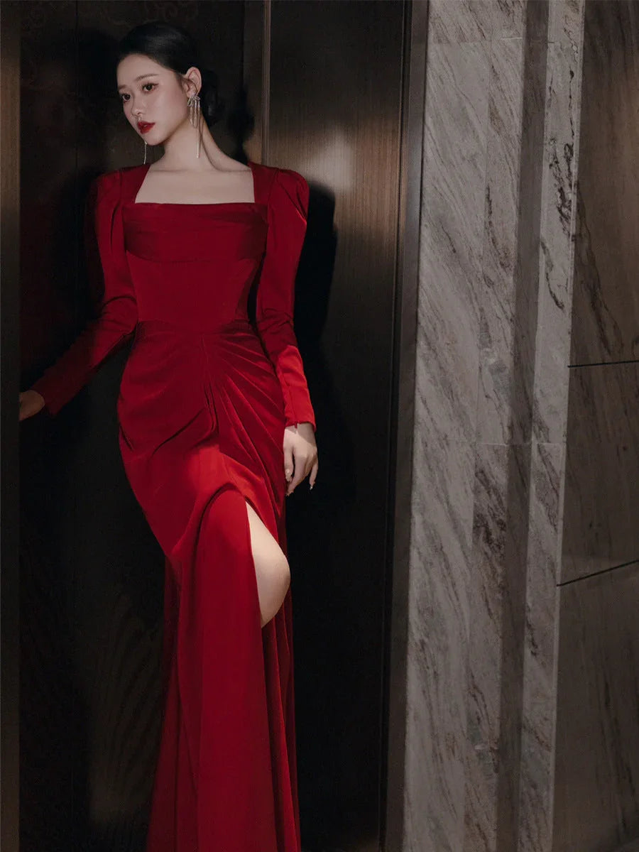 Bride Fishtail Square Collar Long Sleeve Design Simple Satin Evening Dress - VAleG