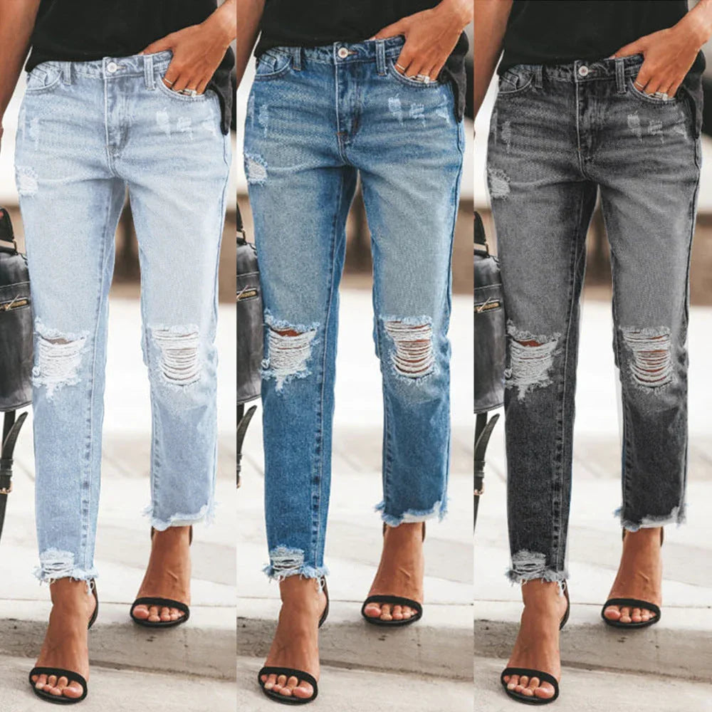 Women's Ripped Non-elastic Retro Fashion Jeans - VAleG