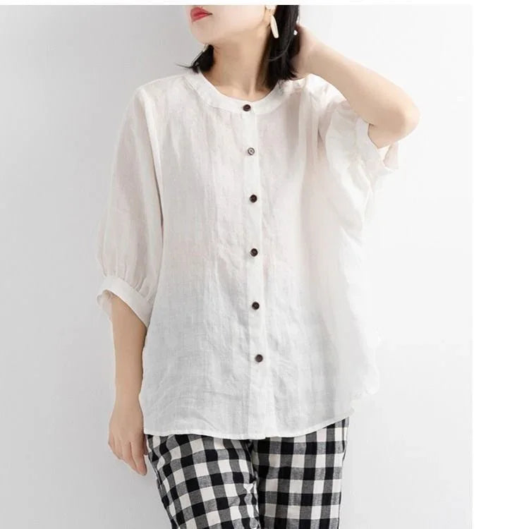 Women's Retro Literary Cotton And Linen Shirt Lantern Sleeve Top Loose - VAleG