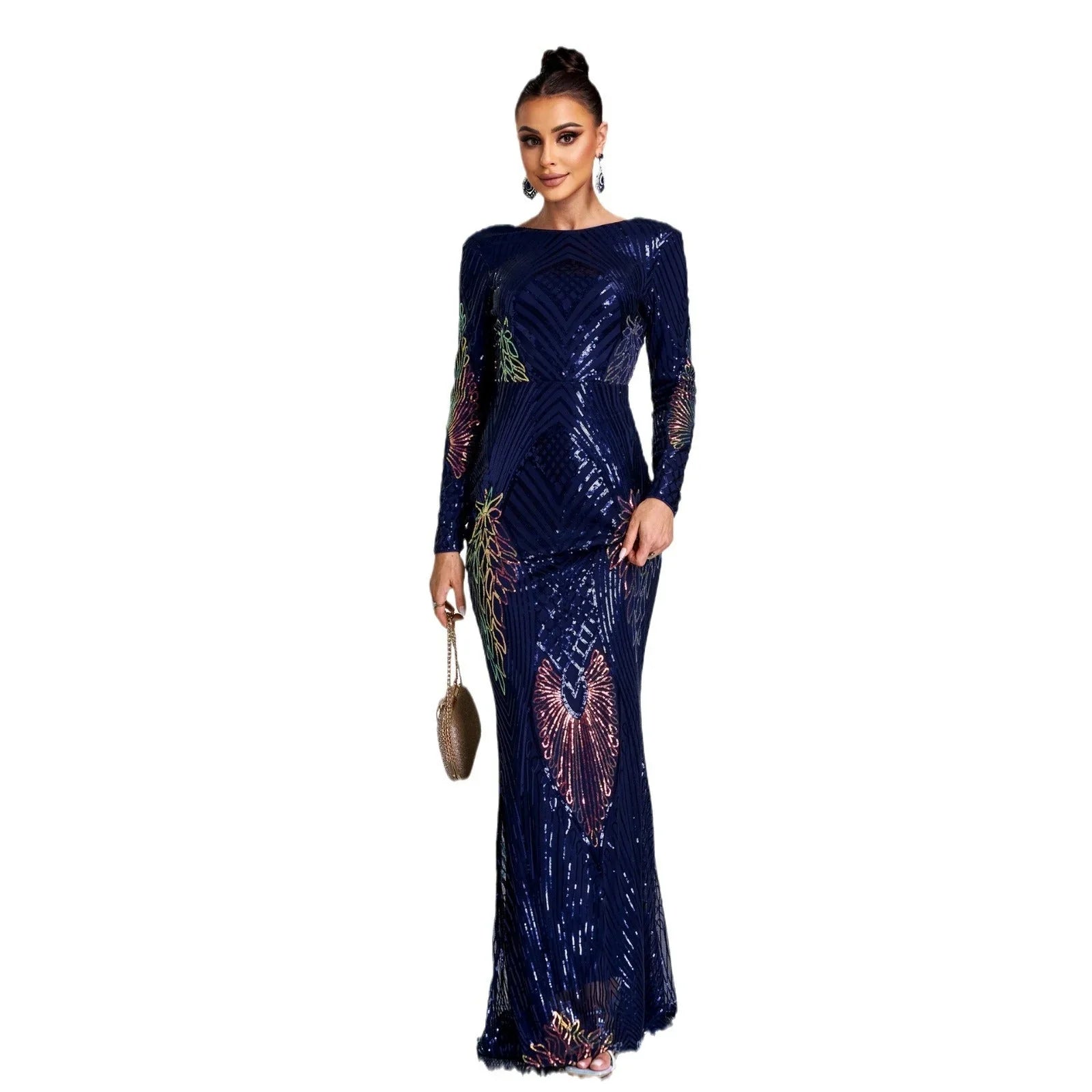 Long Sleeve Temperament Crew Neck Sexy Long Sequined Banquet Evening Dress - VAleG