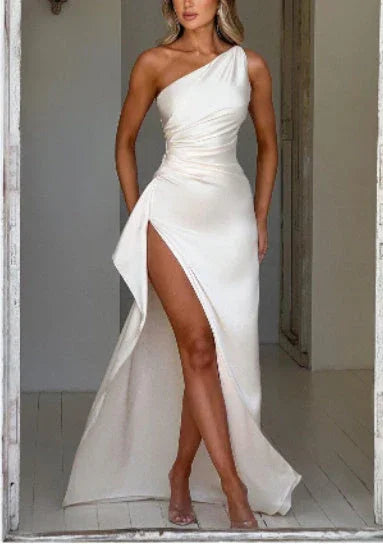 Sexy One-shoulder Backless Slit Dress Summer Elegant Slim-fit Solid Color Satin Dresses For Women - VAleG