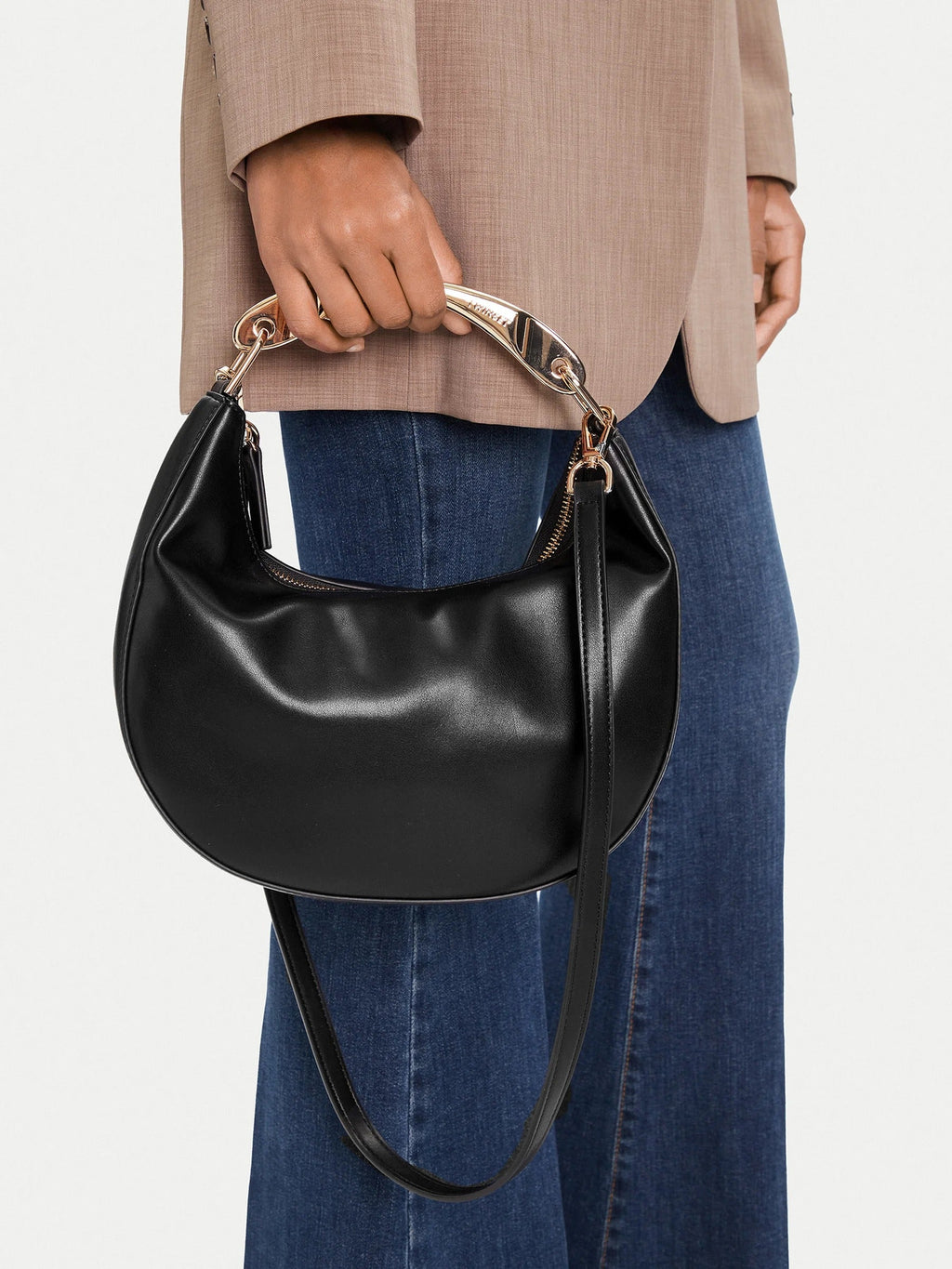 TWINSET Borsa Donna a Spalla Hobo Nera con Manico in Metallo e Tracolla