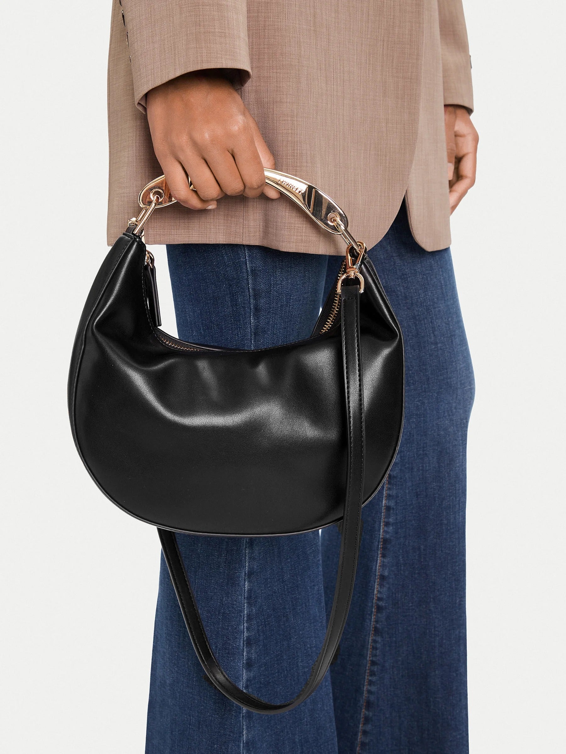 TWINSET Borsa Donna a Spalla Hobo Nera con Manico in Metallo e Tracolla