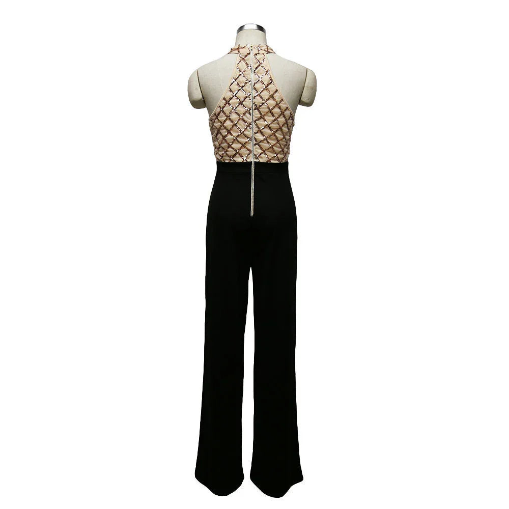 European and American women's sexy jumpsuit hanging neck sequins stitching trumpet jumpsuit trousers - VAleG