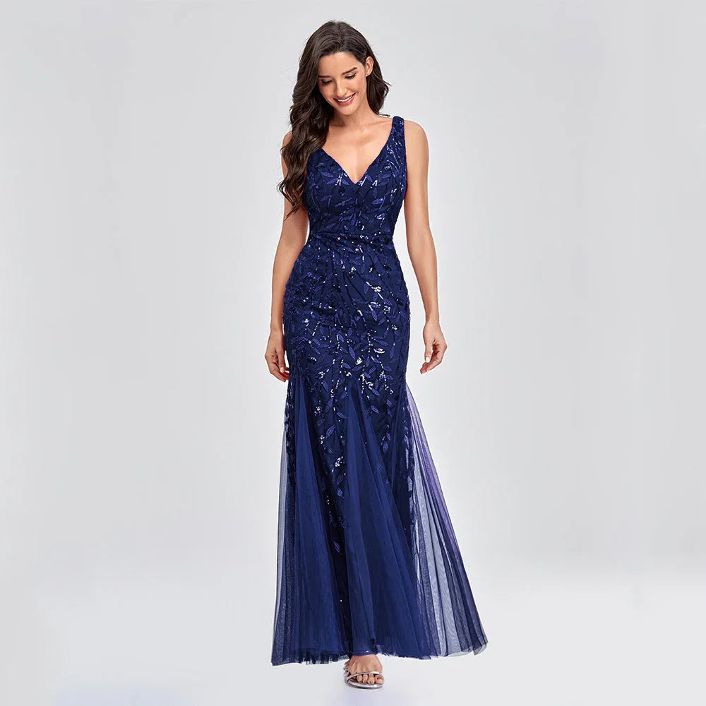 Sexy Long Dress Sleeveless V-neck Embroidered Sequin Slim Mermaid Dress - VAleG