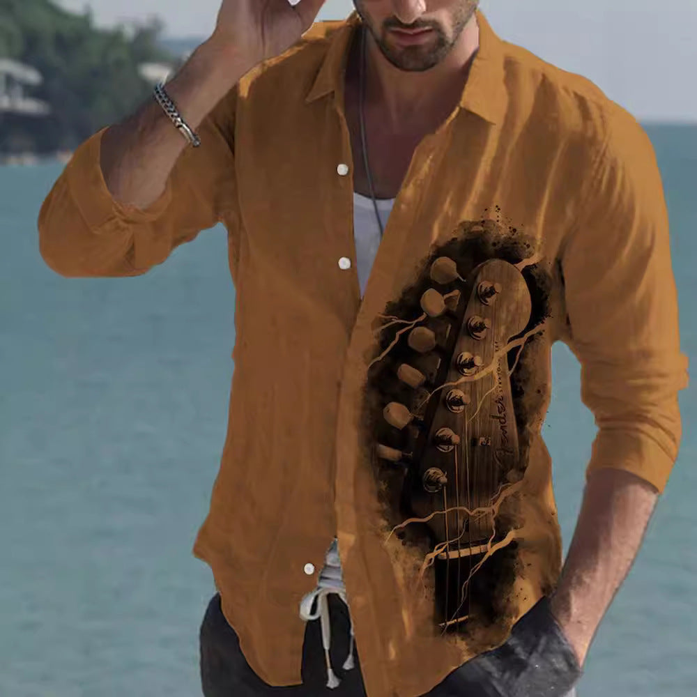 Color Matching Bamboo Linen Printed Men's Shirt VAleG