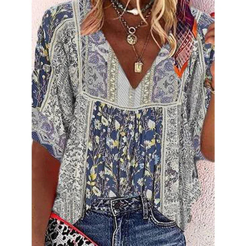 European And American Women's New Printed V-neck Loose T-shirt - VAleG