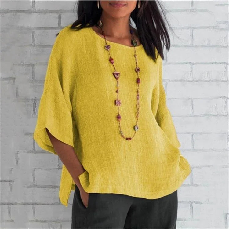 Sleeves round neck cotton and linen shirt - VAleG